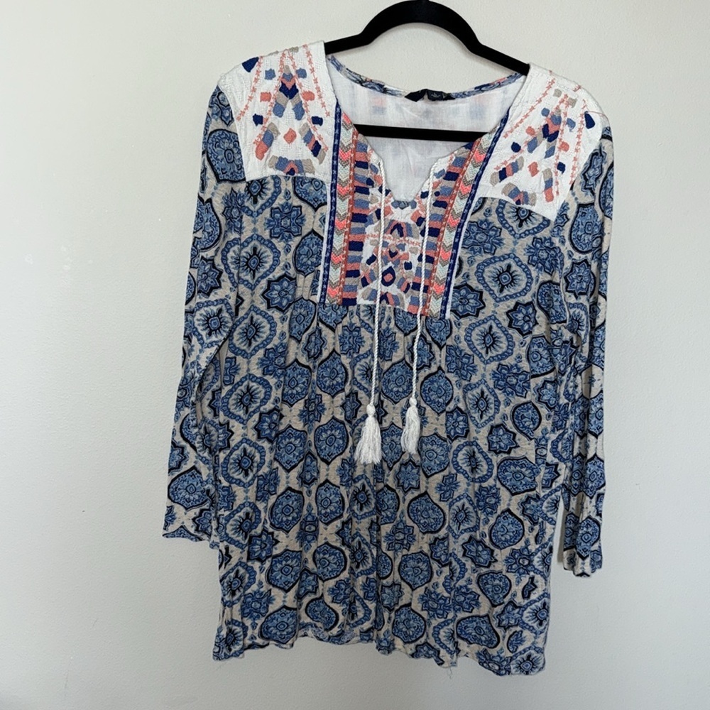 Lucky Brand 3/4 Sleeve Blouse Embroidered Boho Blue Tassle Tunic Women Large EUC - Picture 3 of 11